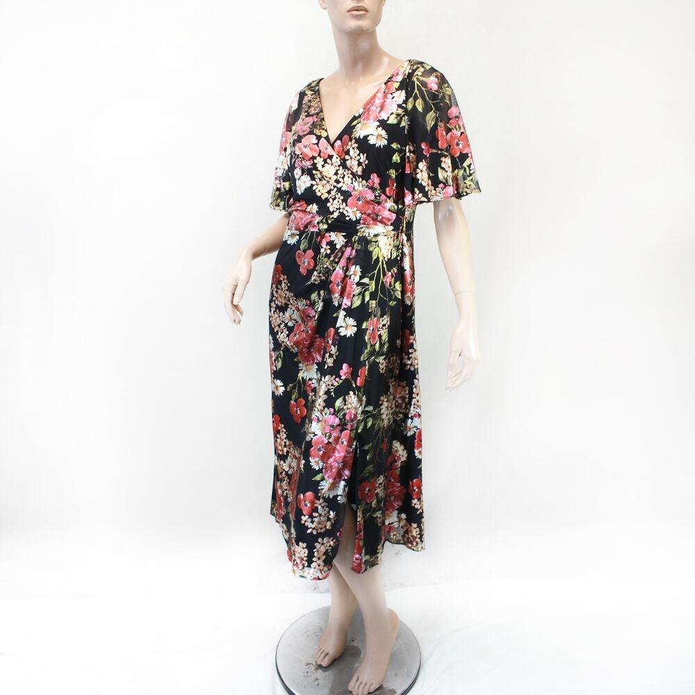 Adrianna Papell evening lined mesh faux wrap dress floral Y2K size 14